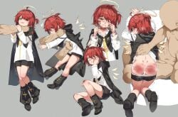 1boy ahoge arknights blood blush boots brown_eyes cloak collared_shirt exusiai_(arknights) female heart highres injury kataokasan looking_at_viewer male medium_hair multiple_views open_mouth red_hair ryona shirt shorts side_ponytail slap_mark spanked strangling tongue tongue_out white_shirt yellow_eyes