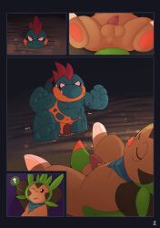 absurd_res anthro balls chespin croconaw duo flaccid generation_2_pokemon generation_6_pokemon genitals gralicbutter hi_res lying male male/male nintendo on_back penis pokemon pokemon_(species) sleeping sneaking tapering_penis wet wet_body