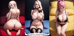 3girls ai_generated anime_style bed bedroom beige_lingerie big_breasts black_choker black_eyeliner black_lingerie black_lipstick blonde_hair blue_bed blue_eyes dialogue earrings edelgard_von_hresvelg facing_viewer female fire_emblem fire_emblem:_three_houses from_above from_behind hilda_valentine_goneril huge_boobs huge_breasts large_boobs large_breasts large_tits looking_at_viewer matalica mercedes_von_martritz nintendo novelai oiled oiled_body oiled_skin on_knees pink_eyes pink_hair pinup posing purple_eyes red_bed roleplay self_upload sexually_suggestive sitting video_game_character wallpaper white_hair white_lingerie yellow_bed
