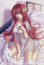 ahoge bed breasts brown_eyes cleavage corticarte_apa_lagranges highres hyperdimension_neptunia kannatsuki_noboru kneeling long_hair open_mouth oversized_clothes photoshop pussy red_hair see-through sheer shinkyoku_soukai_polyphonica t-shirt very_long_hair