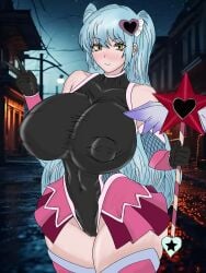 1girls areola_bulge black_leotard blue_hair chesed95850218 female female_focus female_only hair_accessory huge_breasts leotard library_of_ruina lobotomy_corporation magical_girl magical_girl_outfit nipple_bulge nipples_visible_through_clothing peace_sign project_moon pussy_visible_through_clothes queen_of_hatred skin_tight smile smiling_at_viewer standing thick_thighs thigh_highs toned toned_body toned_female visible_nipples white_skin yellow_eyes