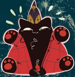 :3 absurd_res balls clothing cult_of_the_lamb domestic_cat felid feline felis feral forneus_(cult_of_the_lamb) genitals hat headgear headwear hi_res male mammal massive_monster_(studio) overweight pawpads penis red_clothing rule_63 salamikii solo