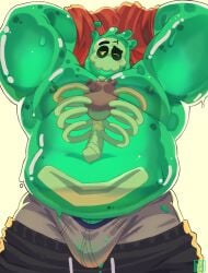 anthro areola belly biped blush bodily_fluids bone bottomwear clothing cracked_skull doug_(monster_con) erection genitals goo_creature goo_humanoid green_body grey_clothing grey_underwear heart_(organ) hi_res humanoid looking_at_viewer male nipples one_eye_closed organs overweight overweight_anthro overweight_male pants penis rib_cage shirt shirt_behind_head simple_background skull slime solo sweat sweatpants topwear underwear watermark wetghost wink winking_at_viewer