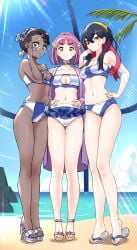 3girls absurdres adjusting_eyewear amarys_(pokemon) beach bikini black_hair blue_bikini blue_sky blush braid breasts carmine_(pokemon) cleavage closed_mouth cloud colored_inner_hair crossed_bangs dark-skinned_female dark_skin day eyelashes feet female flip-flops frilled_bikini frills full_body glasses green_eyes hair_between_eyes hair_ornament hairband hairclip highres lacey_(pokemon) large_breasts legs long_hair looking_at_viewer medium_breasts mole mole_under_eye multicolored_hair multiple_females multiple_girls navel nintendo ocean open_mouth outdoors pink_hair pokemon pokemon_sv red_hair sand sandals semi-rimless_eyewear short_hair single_braid sky smile standing stomach sunlight swimsuit tm_(hanamakisan) toenails toes two-tone_hair white_bikini yellow_eyes yellow_hairband