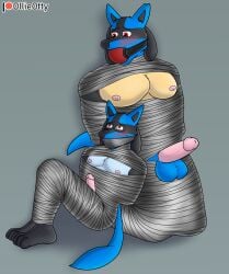 balls blue_body blue_fur bondage bound duct_tape duo erection fur gag gagged generation_4_pokemon genitals hi_res lucario mummification mummified nintendo nipples ollieotty pecs penis pokemon pokemon_(species) submissive_male tape tape_gag