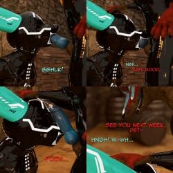 3d_(artwork) absurd_res animal_genitalia animal_penis anthro armwear balls black_latex blue_body blue_eyes blue_fur blue_penis bodily_fluids body_worship bondage bondage_gear bound brown_body brown_fur brown_sheath canine_genitalia canine_penis clothed clothing comic cuffs_(clothing) cum cum_in_mouth cum_inside cum_on_face digital_media_(artwork) drone dronesuit dronification dungeon duo erection fellatio forced fur genital_fluids genitals glistening glistening_body gloves hair handwear hi_res isaacjexo jex kneeling kneeling_on_ground latex latex_armwear latex_clothing latex_gloves latex_handwear latex_legwear latex_skinsuit legwear male male/male male_penetrated male_penetrating male_penetrating_male multicolored_body multicolored_fur multicolored_hair muscular muscular_male oral penetration penile penis red_body red_fur reflection rexouium rubber_clothing sex sheath skinsuit tail tight_clothing vulpeware vulpeware_(character)
