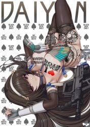 armpit blacked blacked_tattoo breasts brown_hair colored_eyelashes daiyan_(girls'_frontline_2) fan gun queen_of_spades tatoos thighhighs thighs third-party_edit