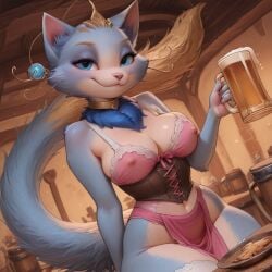 ai_generated anthro anthro_female beer big_breasts blue_eyes blue_fur cleavage corset dirndl feline feline furry furry_female loincloth maid pokies smile smile_at_viewer squiglydx tavern tavern_wench thick_thighs thighhighs voluptuous wide_hips yuumi_(lol)