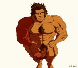 1boy abs ace_attorney arm_out_of_sleeve armpit_hair armpit_hair_peek artist_name balls bara boner brown_hair chest_hair chest_tuft erection foreskin foreskin_pull gyakuten_saiban highres huge_cock jacket large_pectorals long_sideburns male male_focus male_only male_pubic_hair muscular muscular_male navel ne0_navi nipples nude pectorals penis pubic_hair short_hair sideburns simple_background solo solo_male testicles track_jacket uncircumcised unzipped veins white_background will_powers