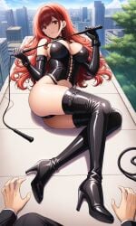 1boy ai_generated ass bare_shoulders black_choker black_footwear black_gloves black_panties bondage bondage_outfit boots bound breasts building bustier choker city cleavage closed_mouth clothing corset day dominatrix earrings elbow_gloves erection female footwear gloves high_heel_boots high_heels highleg holding holding_riding_crop holding_whip jewelry large_breasts latex latex_gloves latex_legwear leather leather_boots leather_gloves legwear long_hair looking_at_viewer lying male navel on_back on_side orange_eyes outdoors panties red_eyes red_hair revealing_clothes riding_crop shoes smile solo_focus stepped_on straight thigh_boots thighhighs thighs underwear whip