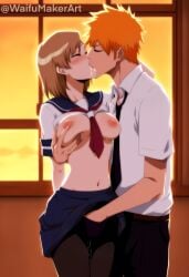 1boy 1boy1girl 1girls ai_generated bedroom bleach breast_grab breasts_out closed_eyes dusk female fingering fingering_partner hand_in_panties hi_res high_resolution highres ichigo_kurosaki incest kissing leggings male male/female medium_breasts nipples pierrot_(company) pink_nipples pussy_juice pussy_juice_drip school_uniform schoolgirl shirt_lift siblings sunset waifumakerart yuzu_kurosaki