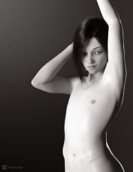 1boy 3d black_and_white black_hair femboy feminine_male mood_lighting nude nude_male original_character phantaseye portrait pose self_upload short_hair solo solo_male trap