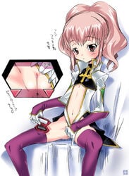 1girls anya_alstreim blush clitoris code_geass female female_only flat_chest light-skinned_female light_skin mudou_eichi pink_hair pinky_out pussy shaved_pussy solo thighhighs translation_request