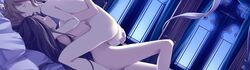 ass ass_grab bed belle_(katahane) bent_over black_hair blonde_hair breasts christina_dorn closed_eyes cowgirl_position efa female fue_(tsuzuku) game_cg highres hug jpeg_artifacts katahane leg_up legs long_hair long_image lying multiple_girls night nude on_back open_mouth short_hair sideboob straddle very_long_hair wide_image window yuri