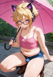 ai_generated belly_fat bulge catboy chubby civitai femboy headphones male plump short_shorts sustaco