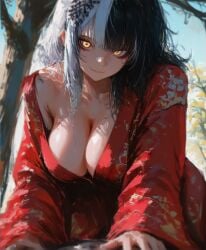 ai_generated black_hair glowing_eyes hololive hololive_english hololive_english_-advent- japanese_clothes kimono shiori_novella tease teasing teasing_viewer white_hair younger_female