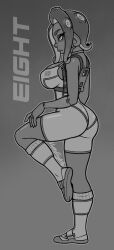 1girls agent_8_(side_order) agent_8_(splatoon) ass ass_focus bodysuit breasts digital_drawing_(artwork) digital_media_(artwork) female leg_up looking_to_the_side monochrome pose posing splatoon splatoon_(series) splatoon_3 splatoon_3:_side_order text vaporeight watermark