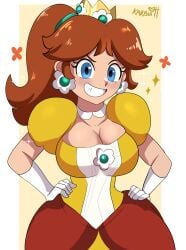 1girls blue_eyes breasts brown_hair cleavage crown dress earrings female gloves hands_on_hips karbuitt large_breasts looking_at_viewer mario_(series) ponytail princess_daisy short_hair white_gloves