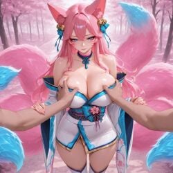 ahri ahri_(league_of_legends) ai_assisted ai_generated big_breasts breast_grab female fox_ears fox_girl fox_tail league_of_legends nine_tailed_fox pink_hair riot_games spirit_blossom_ahri spirit_blossom_series