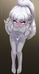 ahe_gao ahe_gao ahegao_face blush blushing_at_viewer blushing_female busujimabibi cum cum_on_body cum_on_breasts cum_on_cheek cum_on_clothes cum_on_clothing cum_on_face cum_on_feet cum_on_fingers cum_on_hair cum_on_hand cum_on_hands cum_on_lap cum_on_leg cum_on_legs cum_on_lower_body cum_on_pussy cum_on_shirt cum_on_sweater cum_on_tongue cum_on_upper_body drow earrings elf elf_ears elf_female elf_girl fangs grey_body grey_skin indie_virtual_youtuber indie_vtuber jewelry looking_at_viewer naked naked_female nioartist nude nude_female peace_sign pointed_ears pointy_ears ponytail purple_eyes saliva sitting small_breasts tongue tongue_out virtual_youtuber vtuber vtuberfanart white_hair
