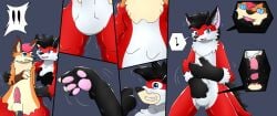 2022 anthro arm_tuft atry_(atryfox) balls biped black_hair black_insides black_markings black_nose blue_eyes bodily_fluids bound brown_ears brown_markings bulge canid canine clenched_teeth close-up colored comic countershade_face countershade_legs countershade_neck countershade_torso countershading cum detailed_bulge duo encasement erection featureless_crotch fingerless_(marking) fingerless_gloves_(marking) fox front_view fully_inside furry genital_fluids genital_outline genitals glistening glistening_body gloves_(marking) goo-connected_lips goo_creature goo_transformation hair hypnotic_eyes inner_ear_fluff looking_at_another looking_back looking_back_at_another male male_anthro mammal markings motion_lines neck_tuft nude object_in_mouth open_mouth open_smile orange_body pawpads penile penis penis_milking penis_outline pictographics pink_hair pink_inner_ear pink_pawpads shaded side_view simple_background smile speech_bubble standing takeover teeth transformation transformation_sequence tuft unusual_insides vore white_body white_countershading white_inner_ear_fluff wolferion