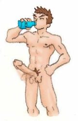 00s 1boy 2009 abs balls bottle brockyaoi brown_hair capcom cyberbots erection jin_saotome light_skin lowres male male_only nipples penis penis_growth pubic_hair simple_background solo video_games water_bottle white_background