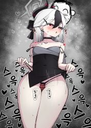 1boy absurdres bar_censor black_bow black_choker black_horns black_panties blue_archive blush bow breasts breath censored choker clothes_lift collarbone commentary_request covered_navel demon_horns doodle_sensei_(blue_archive) dress dress_lift ear_piercing earrings fat_mons female frontal_wedgie grey_hair grey_halo hair_between_eyes hairbow halo hapy_(parkhyunjae9494) heart highres horns jewelry kayoko_(blue_archive) kayoko_(dress)_(blue_archive) korean_commentary korean_text lifting_own_clothes long_hair male mole mole_on_neck motion_lines multicolored_hair necklace official_alternate_costume open_mouth panties panty_lift panty_pull penis piercing precum red_eyes self_wedgie sensei_(blue_archive) single_wing sitting sleeves_past_wrists small_breasts spoken_heart straight strap_slip streaked_hair string_panties studded_choker sweat thigh_sex thighs underwear wedgie wings