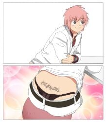 ass_focus blush brown_eyes cute_face everyday_host pink_hair red_shirt sitting tattoo tattoo_on_butt thong_panties white_background white_suit