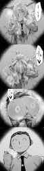 1boy absurdres animal_ear_fluff animal_ears ass bar_censor blue_archive breasts censored clothes_pull covering_own_mouth doodle_sensei_(blue_archive) female greyscale halo highres hxd kanna_(blue_archive) large_breasts long_hair long_sleeves male monochrome necktie pantyhose pantyhose_pull pussy pussy_juice sensei_(blue_archive) shirt straight sweat through_wall