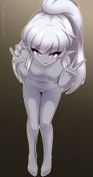 busujimabibi drow earrings elf elf_ears elf_female elf_girl grey_body grey_skin indie_virtual_youtuber indie_vtuber jewelry looking_at_viewer naked naked_female nioartist nude nude_female peace_sign pointed_ears pointy_ears ponytail purple_eyes sitting small_breasts virtual_youtuber vtuber vtuberfanart white_hair