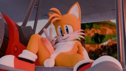 16:9 1boy 3d_(artwork) aircraft airplane anthro balls biplane blue_eyes blush canid canine digital_media_(artwork) erection fox genitals gesture glans hand_gesture hi_res looking_at_viewer male male_only mammal miles_prower miles_tails_prower penis sega smile solo sonic_(series) sonic_the_hedgehog_(series) spread_legs spreading tails tails_the_fox twintails3d v_sign vehicle widescreen
