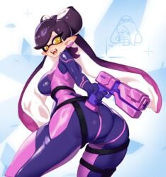 1girls ass bodysuit breasts callie_(splatoon) female gun large_ass large_breasts little_blood long_hair looking_at_viewer multicolored_bodysuit open_mouth splatoon thighs tight_bodysuit yellow_eyes