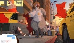 absurd_res ambiguous_gender amela_(pipfan) anthro areola assisted_exposure avian bailey_(securipun) beak big_breasts bird bovid bovine breasts canid canine cattle city clothing cooper_(securipun) curvy_figure detailed_background domestic_cat embarrassed embarrassed_female english_text feathers felid feline felis female genitals hair hi_res huge_breasts human hyena male mammal marine nipples nude open_mouth orange_hair outside pinniped public public_exposure public_indecency public_nudity seal securipun slightly_chubby text thick_thighs voluptuous wardrobe_malfunction