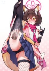1boy animal_ear_fluff animal_ears black_gloves black_panties black_thighhighs blue_archive blue_skirt blush breasts brown_hair cameltoe commentary commission cum cum_in_clothes disembodied_penis female fishnet_thighhighs fishnets fox_ears fox_girl fox_hair_ornament fox_shadow_puppet fox_tail gloves halo highres izuna_(blue_archive) japanese_clothes kimono kneepits large_variant_set long_sleeves looking_at_viewer male matsumaramara miniskirt mismatched_thighhighs neckerchief open_mouth paid_reward_available panties partially_fingerless_gloves penis penis_in_thighhigh pink_halo pink_kimono pink_neckerchief pink_scarf pixiv_commission pleated_skirt scarf shirt skindentation skirt small_breasts solo_focus split standing standing_on_one_leg standing_split straight tail thighhighs underwear variant_set white_shirt wide_sleeves yellow_eyes