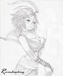 .hack//g.u. alkaid breasts cleavage derivative_work female male monochrome paizuri paizuri_under_clothes penis red_hair short_hair smile straight uncensored yowkow