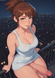 1futa ai_generated breasts brown_hair dota dota_2 dress female futanari huge_cock intersex marci marci_(dota) medium_breasts night roof white_dress yellow_eyes