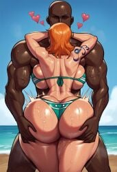 1boy 1girls ai_generated ass ass_focus ass_grab backboob beach big_ass big_breasts bikini bimbo breasts child_bearing_hips civitai clothing couple dark-skinned_male faceless_male female fully_clothed_female groping hands_on_ass heart hearts_around_head interracial larger_male light-skinned_female long_hair male massive_ass muscular muscular_male nami_(one_piece) ocean one_piece orange_hair outdoors standing tagme thick_thighs totallynotafurry789 voluptuous wide_hips