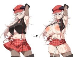 @_@ absurdres alisa_ilinichina_amiella arm_up armpit_hair armpits arrow_(symbol) barcode barcode_tattoo before_and_after bite_mark black_shirt blue_eyes breast_expansion breasts bukkake citizen_k_(pngj5475) collar corruption cowboy_shot crop_top cum cum_on_body facial_tattoo female female_ejaculation female_pubic_hair god_eater grey_hair hand_on_own_hip hat highres huge_breasts huge_nipples lactation long_hair navel pantyhose projectile_lactation pubic_hair pussy red_collar red_hat red_skirt shirt simple_background skirt slap_mark stomach suspender_skirt suspenders tattoo underboob weight_gain weight_gain_female white_background