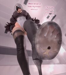 1boy 1girls 3d aswababa big_breasts blindfold breasts clothed clothing english_text feet feet_focus female foot_fetish giantess light-skinned_female light-skinned_male light_skin low-angle_view macro male micro nier nier:_automata nude nude_male short_hair size_difference text trapped_in_shoe white_hair yorha_2b