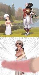 1boy 1futa 1girls 2girls amazing_horse animal_ears animal_penis apron beard black_hair blush boots breasts brown_hair carrying carrying_another carrying_partner cleavage clothing cowboy_hat erection facial_hair fake_facial_hair female futa_with_female futanari gold_ship_(umamusume) hat headwear horse horse_ears horse_girl horse_penis horse_tail large_breasts large_penis long_hair moustache multiple_girls outdoors pants penis pillbox_hat size_difference tail top_hat umamusume umamusume_pretty_derby white_pants