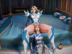 2025 2girls 3d 3d_(artwork) 3d_render bed bedroom between_legs between_thighs blonde_hair blue_eyes blue_lipstick clothed clothing emma_frost emma_frost_(marvel_rivals) fantastic_four female female/female fouyaya fully_clothed high_heel_boots high_heels invisible_woman invisible_woman_(marvel_rivals) makeup marvel marvel_rivals no_visible_genitalia sue_storm thick_thighs thighs thunder_thighs x-men yuri