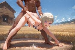 ai_generated anal anal_sex arm_grab arms_behind_back balls barn cow_print cow_print_bikini dark-skinned_male doggy_style ejaculation ejaculation_while_penetrated farm femboy feminine_male grass grass_field hannai legs_apart male male/male male_only milking otoko_no_ko outdoors penis sex_from_behind spread_legs standing standing_sex testicles trap yaoi