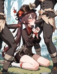 1girls 2boys ai_assisted ai_generated blowjob clothing defeated female forced forced_oral genshin_impact helpless hilichurls_(species) hu_tao_(genshin_impact) interspecies lightomen male monster oral_sex patreon restrained shorts submissive sucking_penis thighs tied_hands twintails wariza
