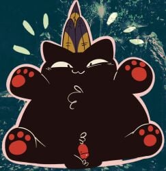 :3 absurd_res black_body black_fur clothing cult_of_the_lamb domestic_cat felid feline felis feral floral_background fluffy forneus_(cult_of_the_lamb) fur hat headgear headwear hi_res male mammal massive_monster_(studio) pawpads rule_63 salamikii solo