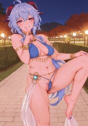 2d ai_generated anal anime anus ass back_view big_breasts blue_hair cute embarrassed feet female galaktika73 ganyu_(genshin_impact) genshin_impact legs long_hair looking_at_viewer perfect_body perfect_legs pussy smile soles standing style_parody vagina