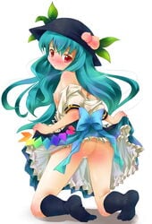 1girls aqua_hair ass blush bottomless bow dress dress_lift female flat_chest food footwear fruit hat highres long_hair michii_yuuki nipples no_panties nude open_clothes open_shirt peach_(fruit) red_eyes shirt socks solo tears tenshi_hinanawi touhou