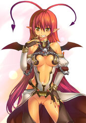 bat_wings breasts censored chains fantasy fingerless_gloves gloves long_hair nail_polish no_panties original pointy_ears pussy red_hair shunin smile wings yellow_eyes