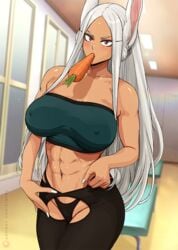 1girls abs bunny_ears bunny_girl bunny_tail dark-skinned_female dark_skin ear_tuft female female_only fully_clothed huge_breasts krabby_(artist) long_hair miruko my_hero_academia nipple_bulge no_bra red_eyes rumi_usagiyama solo tight_clothing tights very_long_hair watermark white_hair workout_clothes yoga_pants