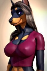 3d ai_generated anthro anthro_female blue_eyes brown_hair cleavage dobermann furry furry_female furry_focus large_breasts long_hair majorfluffy mature_female nipple_outline