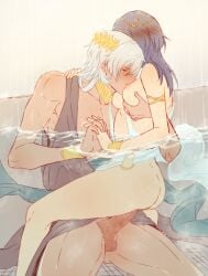 1boy a9864678 alternate_costume ancient_greek_clothes ass bad_id bad_pixiv_id balls between_breasts blue_hair bottomless breasts censored chief_(path_to_nowhere) closed_eyes female female_chief_(path_to_nowhere) greco-roman_clothes head_between_breasts head_wreath highres holding_hands in_water male mr._fox_(path_to_nowhere) nipples official_alternate_costume path_to_nowhere sex straight tan testicles vaginal_penetration wet